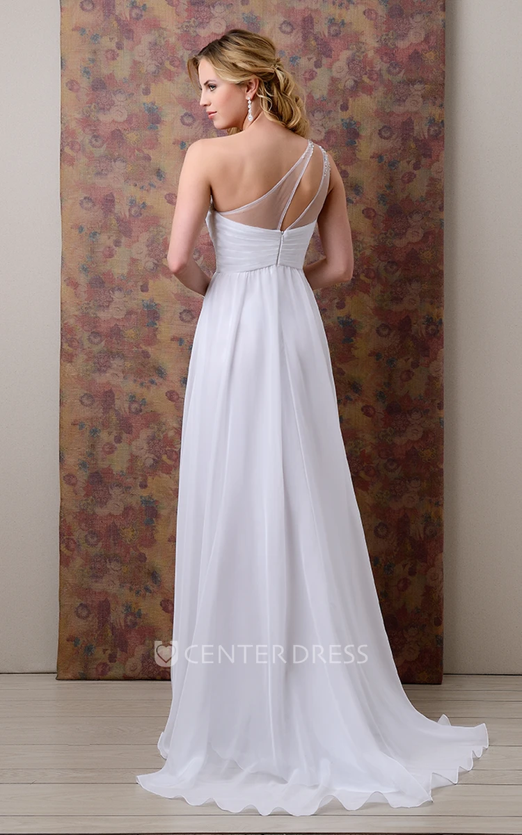 One-Shoulder Chiffon Bridal Gown With Ruching And Rhinestones