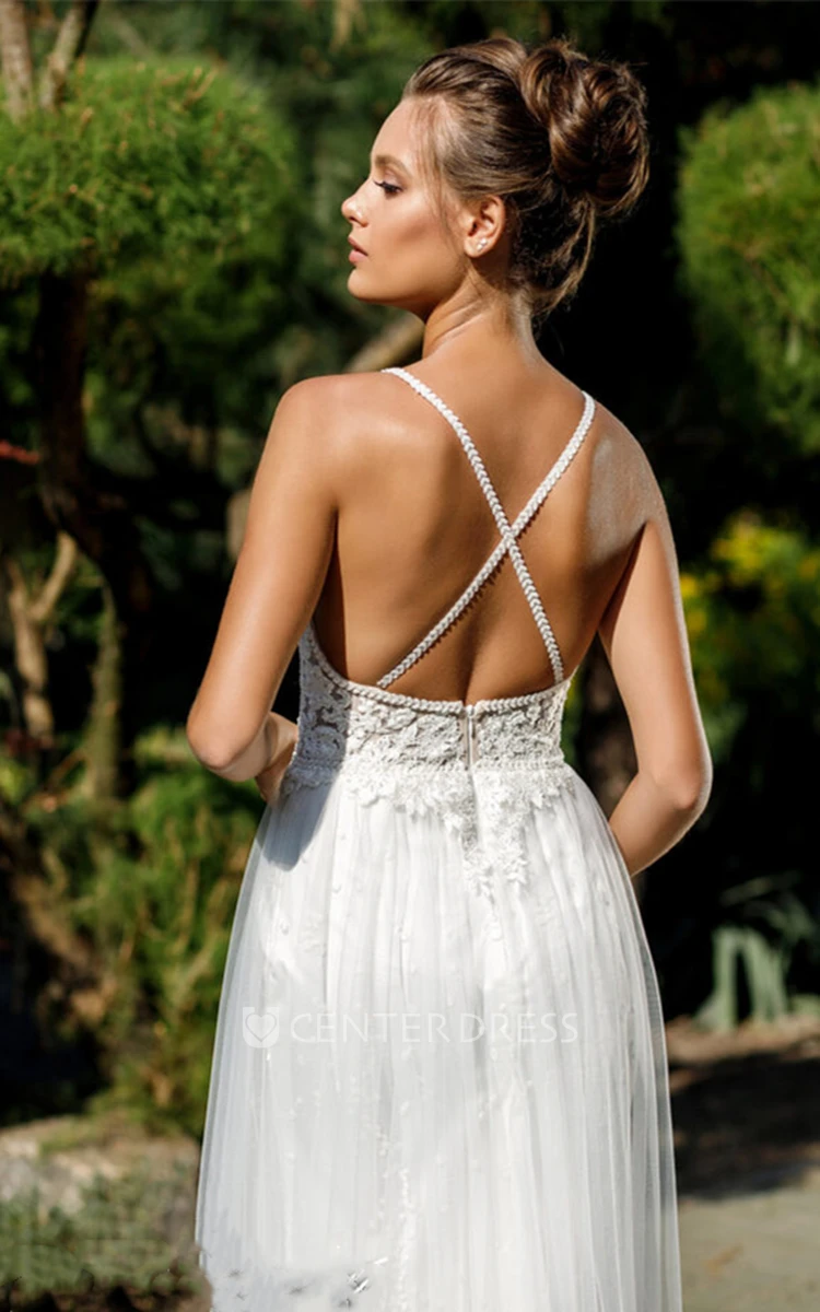 Elegant Satin V-neck Sheath Sleeveless Sweep Train Floor-length Low-V Back  Wedding Dress - UCenter Dress