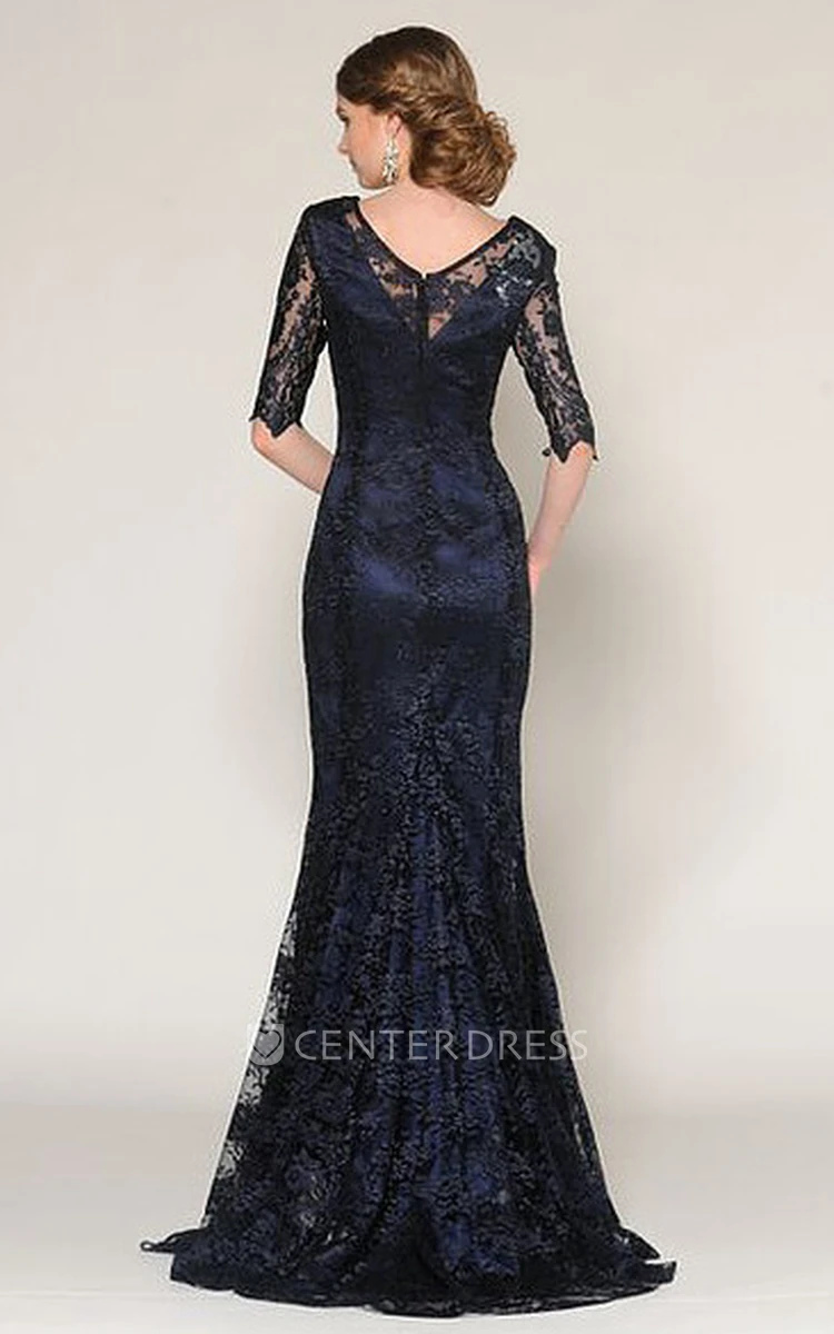 Mermaid Floor-Length Half-Sleeve Scoop-Neck Appliqued Lace Prom Dress