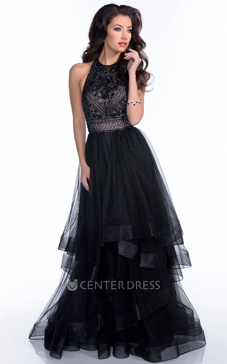 Layered Tulle Sleeveless Prom Dress With Rhinestones And Open Back