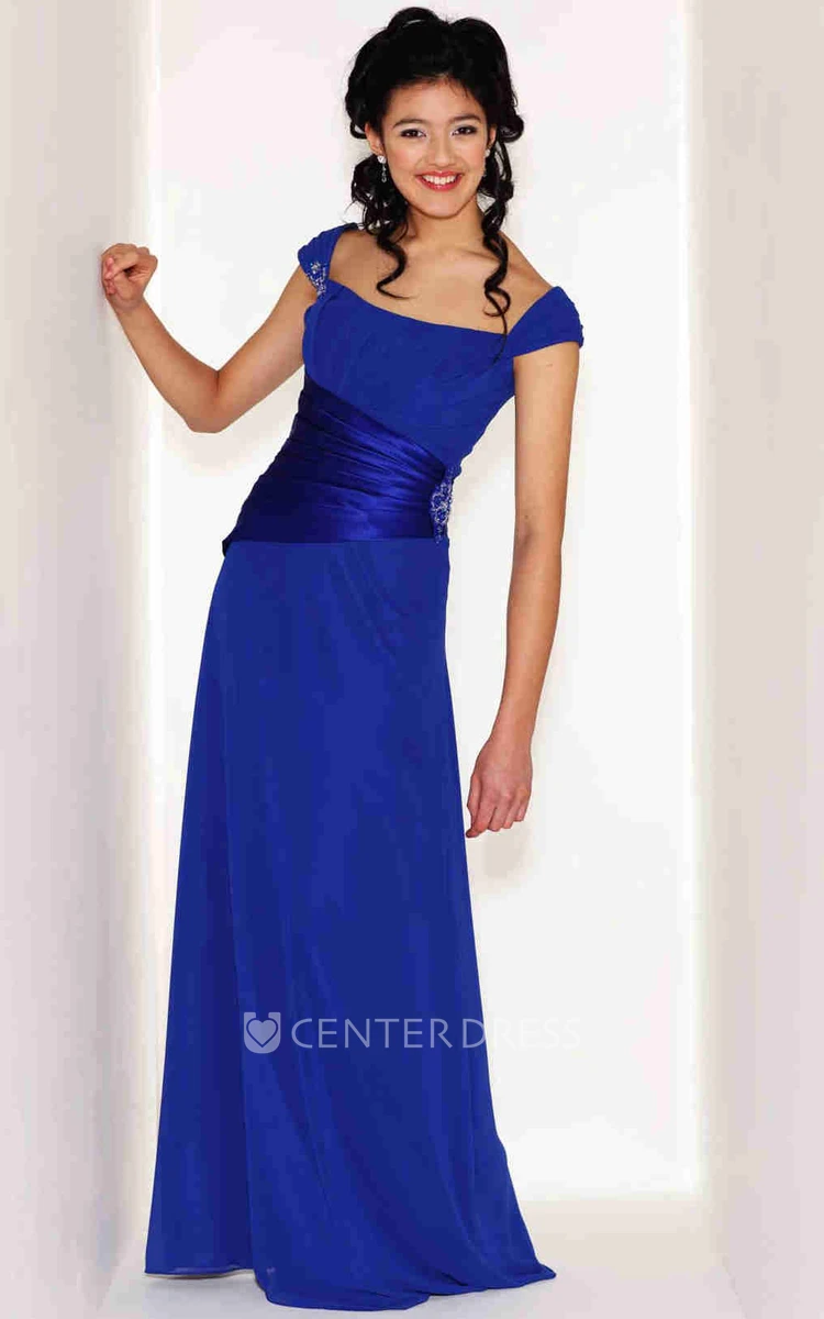 Long Strapless Ruched Cap-Sleeve Chiffon Bridesmaid Dress With Broach