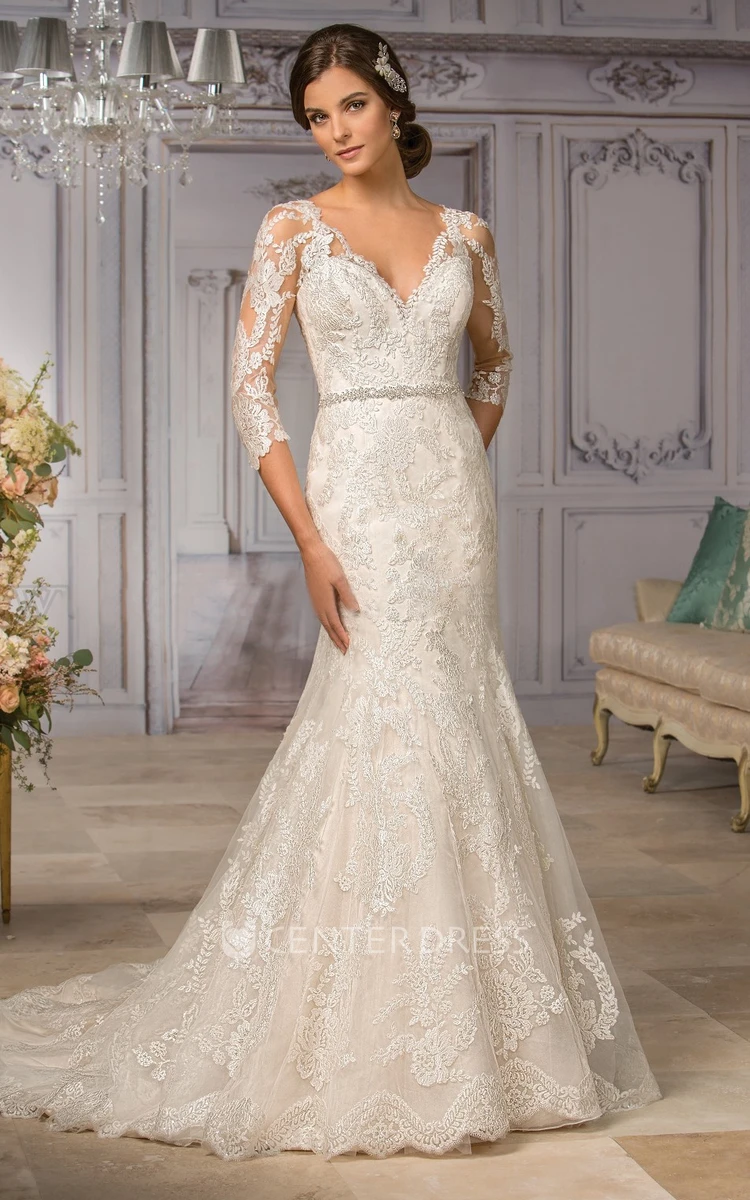 3-4 Sleeved V-Neck Mermaid Wedding Dress With Appliques And Bow