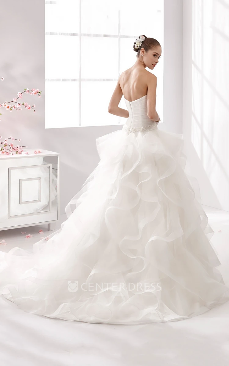 Strapless A-line Wedding Gown With Pleated Bodice and Cascading Ruffles