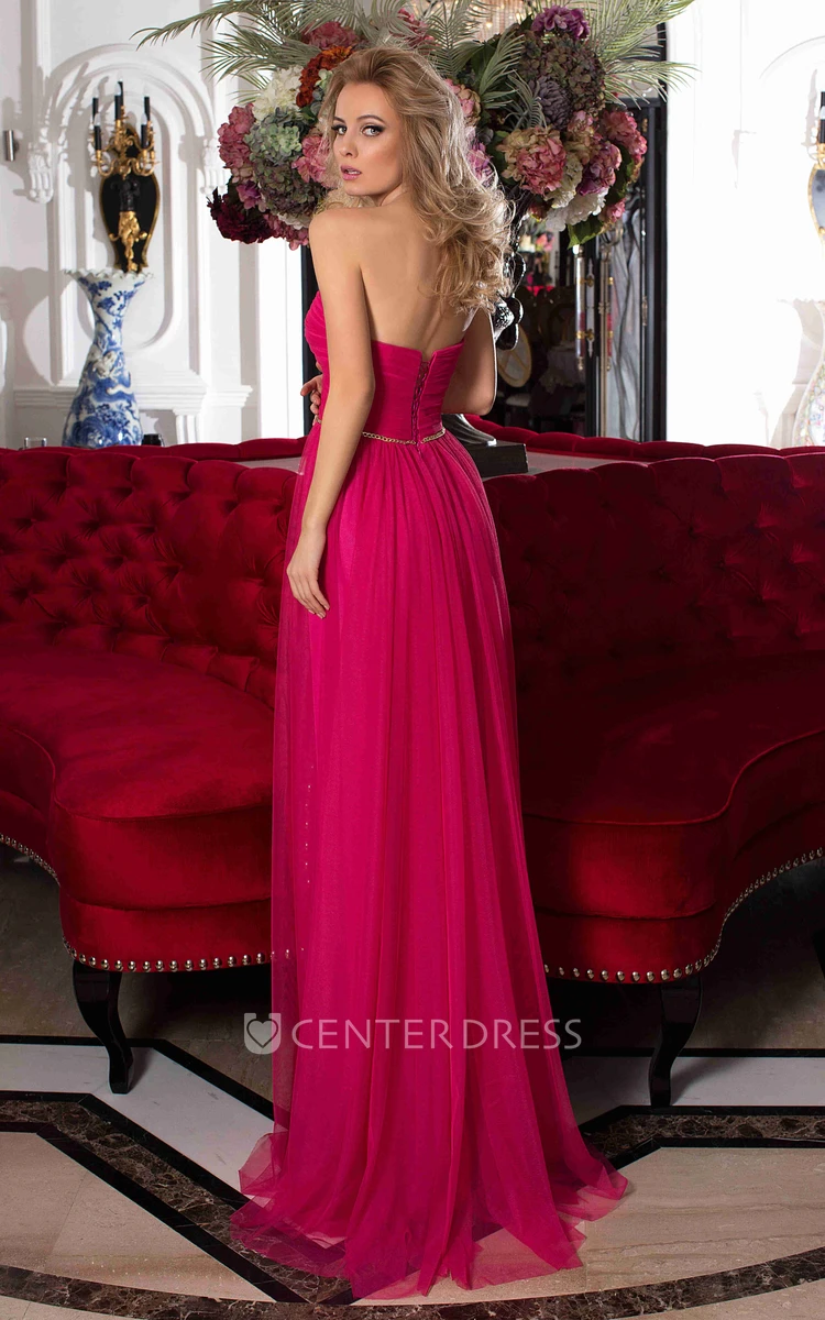 A-Line Sleeveless Empire Sweetheart Floor-Length Criss-Cross Tulle Prom Dress With Lace-Up Back And Waist Jewellery
