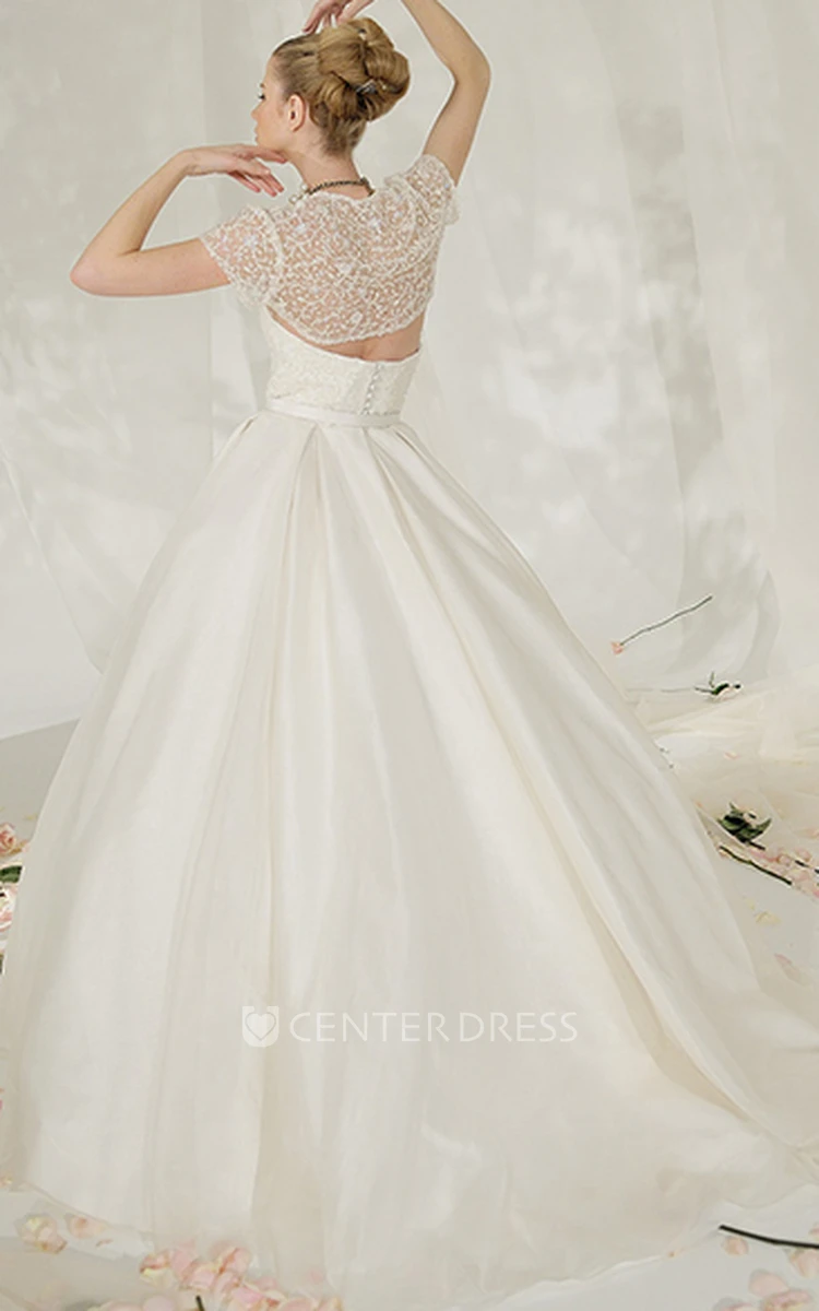 A-Line Sweetheart Beaded Maxi Cap-Sleeve Satin Wedding Dress With Illusion Back