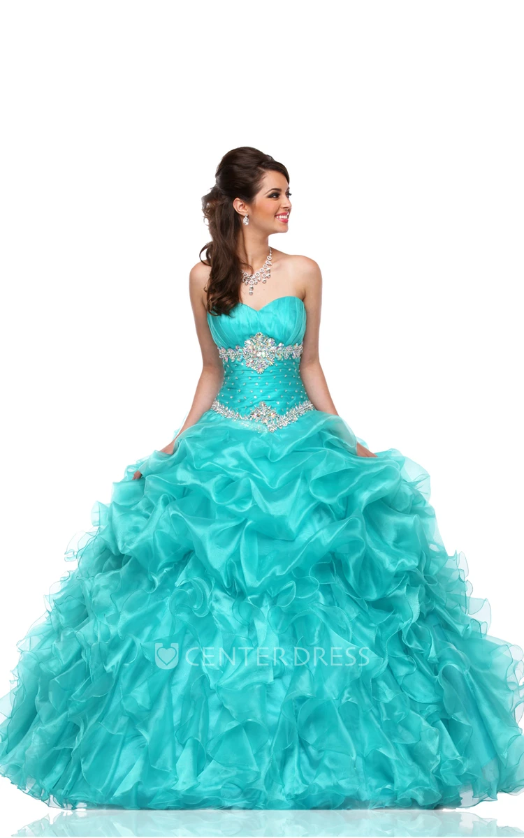 Sweetheart A-Line Sleeveless Organza Cascading Ruffles Ball Gown With Lace-Up Back