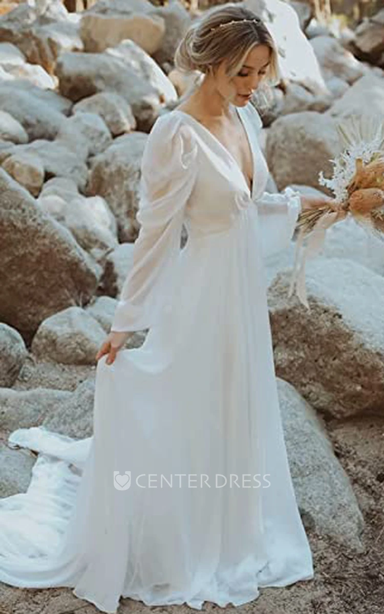Elegant Chiffon A-Line Wedding Dress with Open Back and Poet Sleeves for Beach or Garden