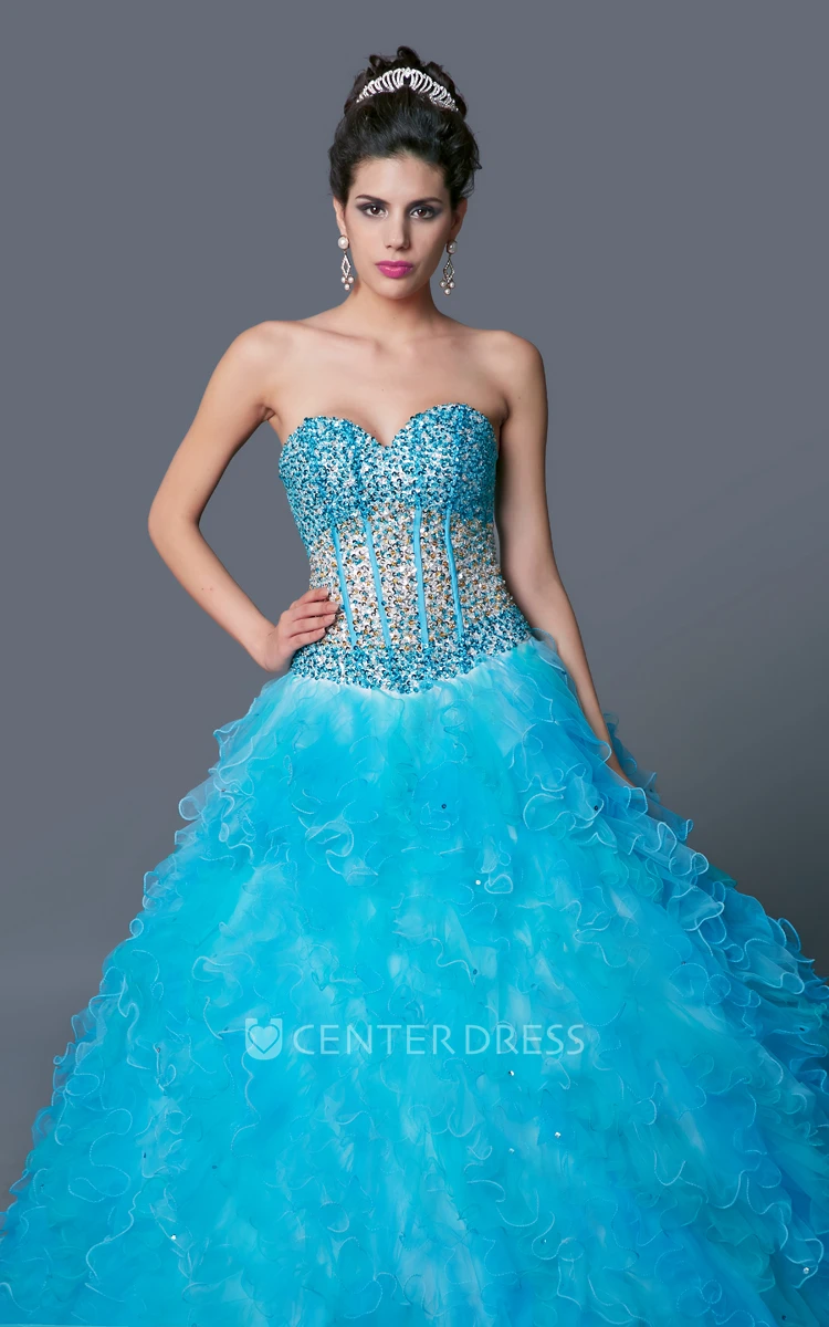 Sweetheart Sleeveless Organza Ball Gown Prom Dress with Beading and Ruffle