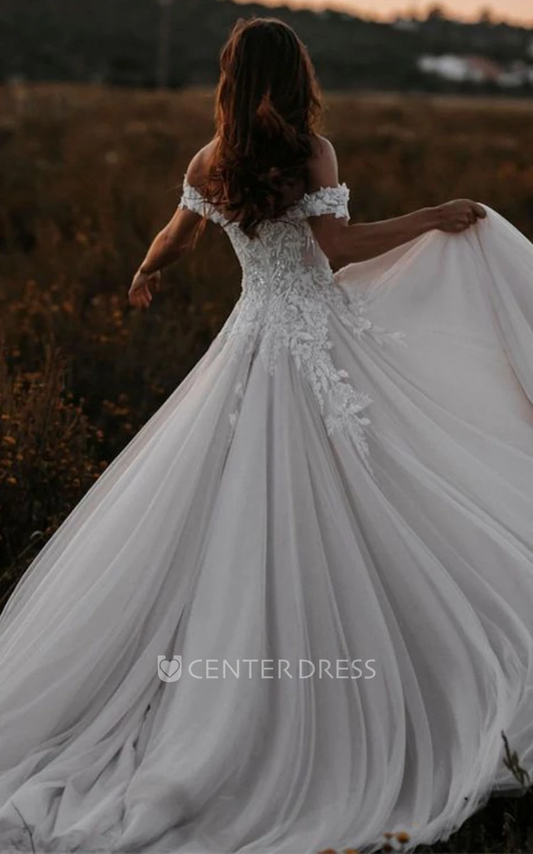 Bohemian A Line Off-the-shoulder Tulle Wedding Dress with Beading and Appliques