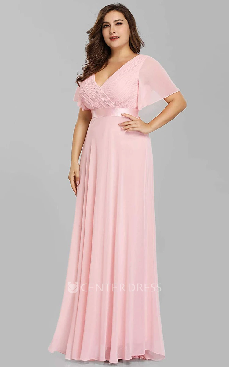 Casual Half Sleeve Chiffon V-neck A Line Mother Dress With Criss Cross and Ruching