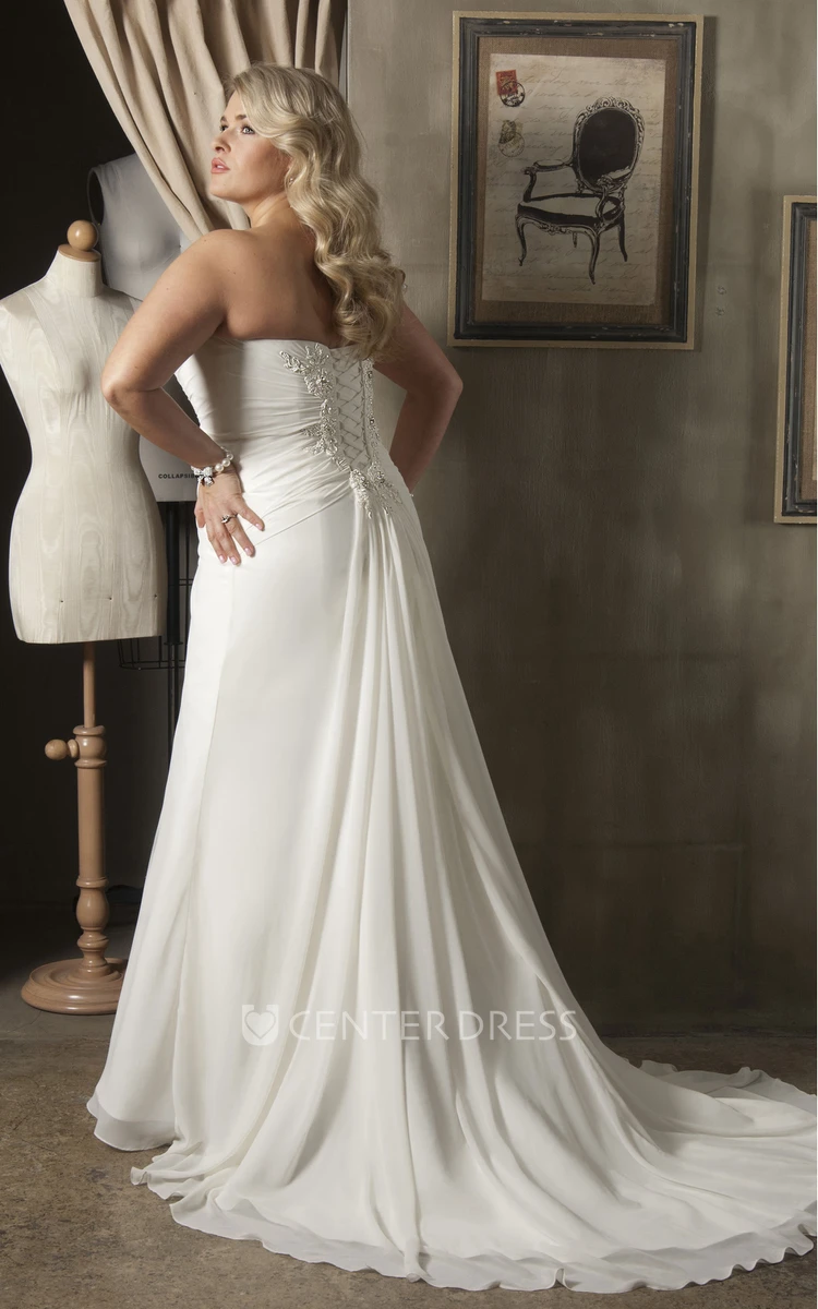 Chiffon Side-Ruched Dress With Appliques And Brush Train