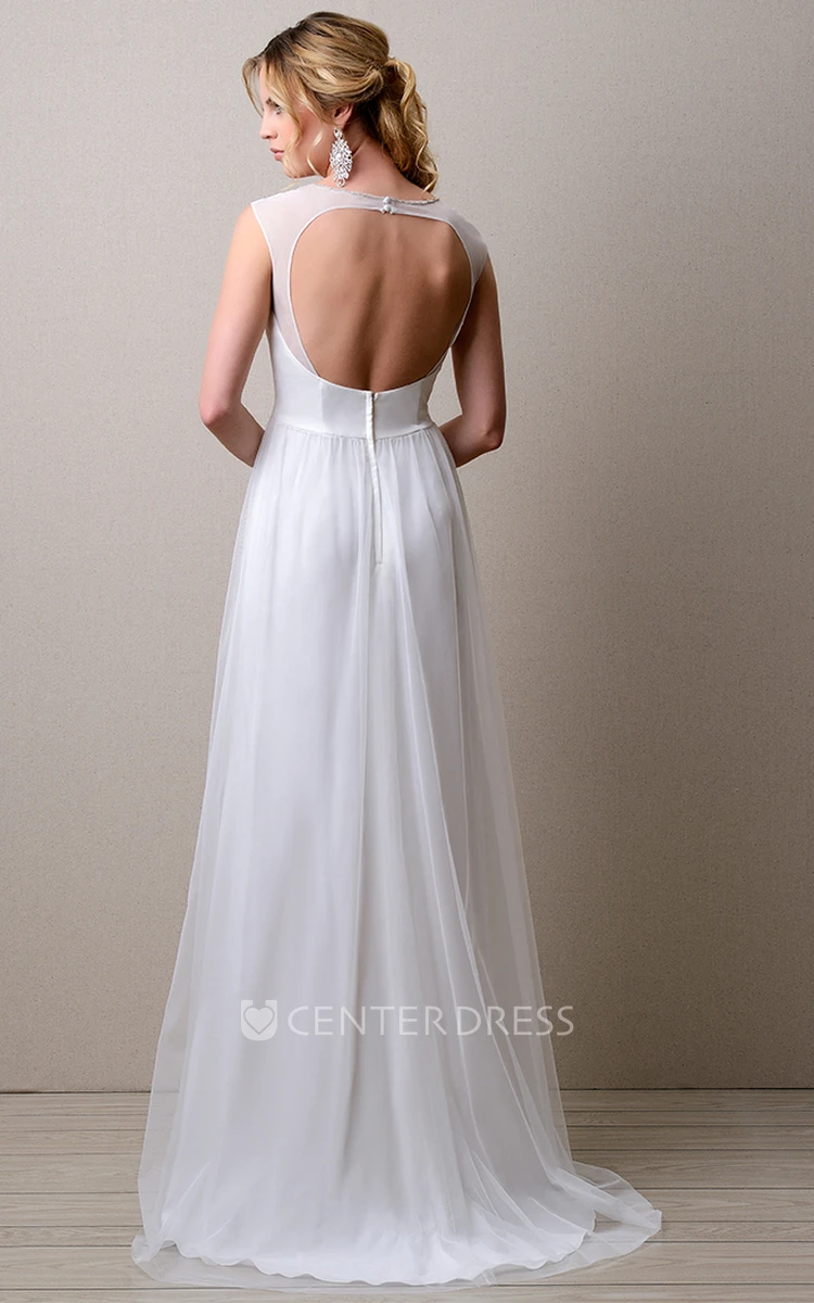 Jewel Neck Illusion Top Sleeveless Tulle Gown Featuring Keyhole Back