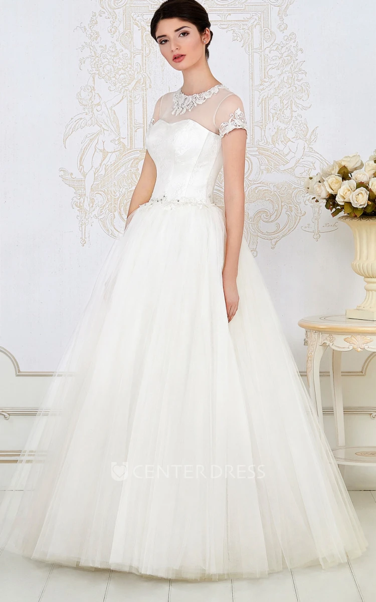 A-Line Long High-Neck Short-Sleeve Embroidered Tulle Wedding Dress With Pleats