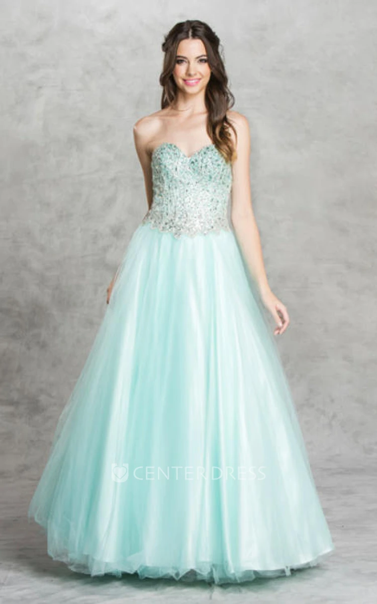 A-Line Long Sweetheart Sleeveless Tulle Satin Backless Dress With Beading