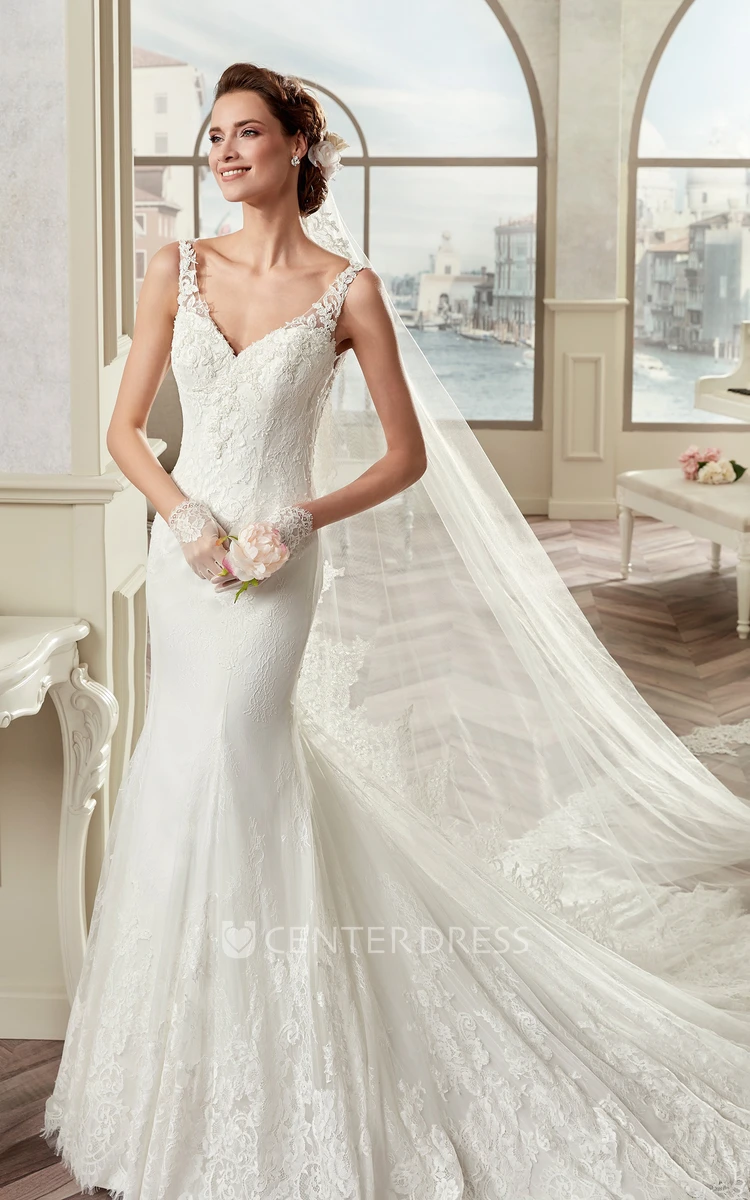Sweetheart Mermaid Bridal Gown With Appliques Straps And Court Train