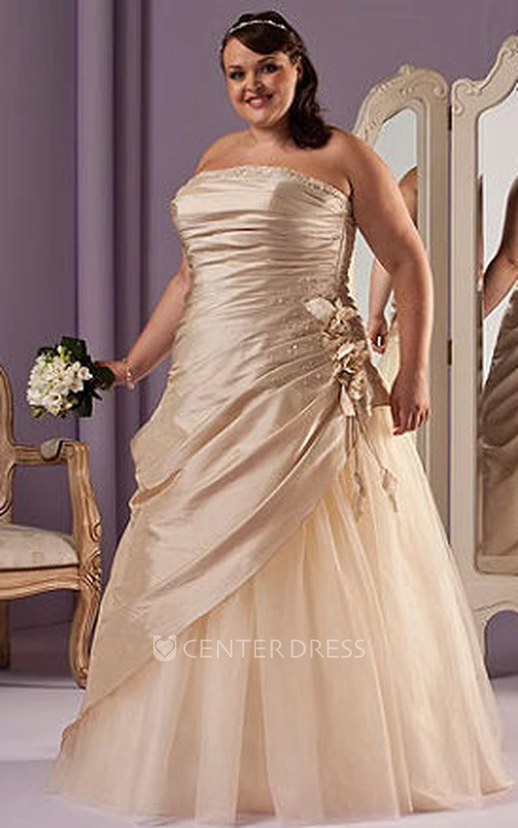 Strapless Taffeta Wrapped Bridal Gown With Lace Up And Flower