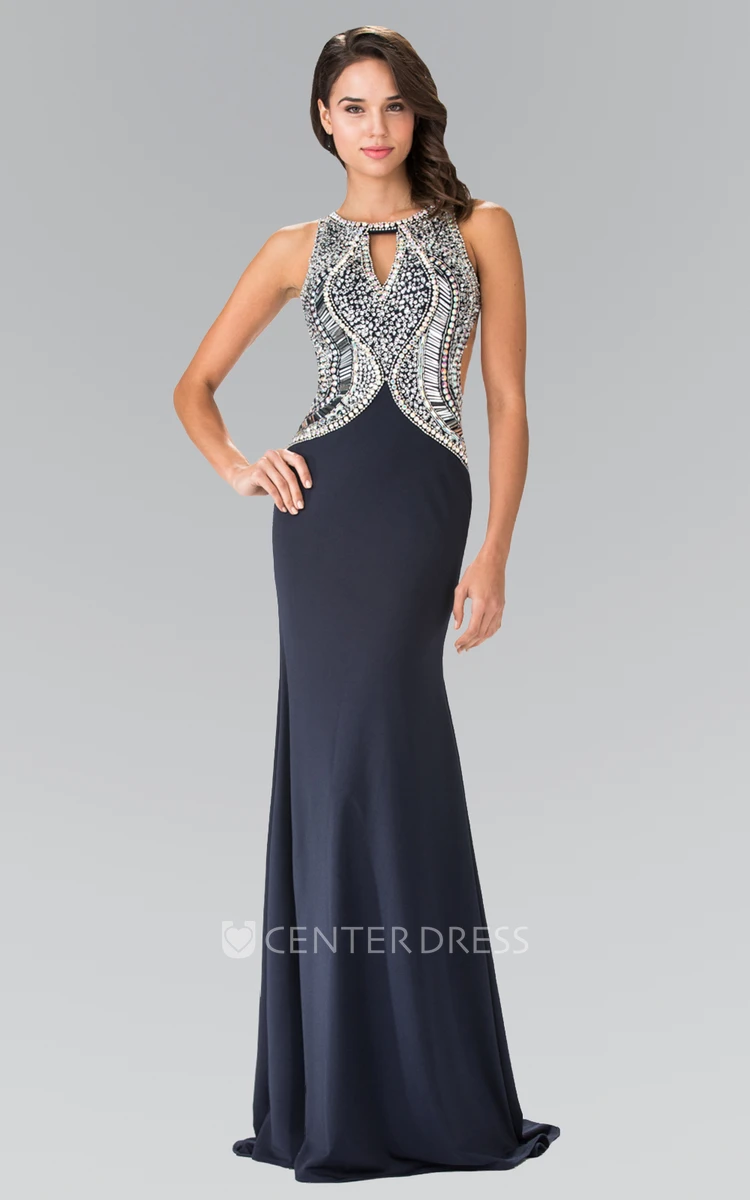 Sheath Jewel-Neck Sleeveless Jersey Backless Dress With Beading And Sequins
