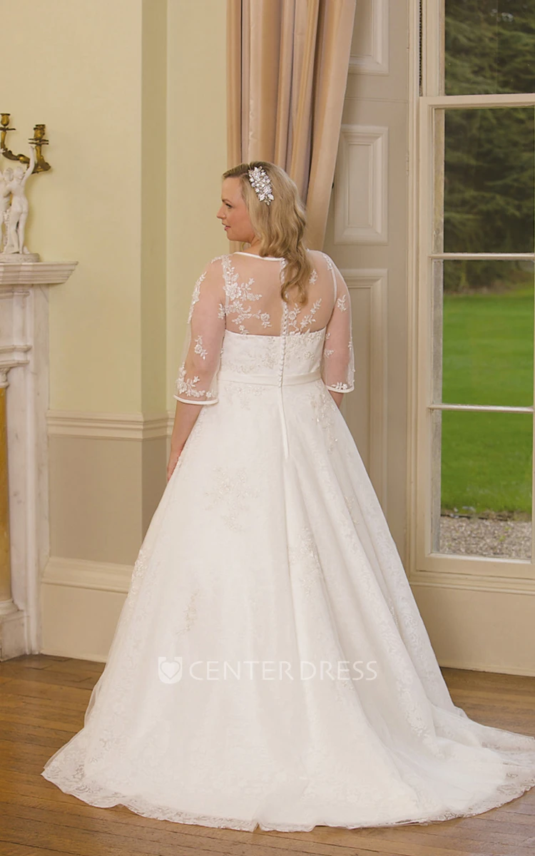 A-Line Scoop-Neck 3-4-Sleeve Lace Plus Size Wedding Dress With Illusion