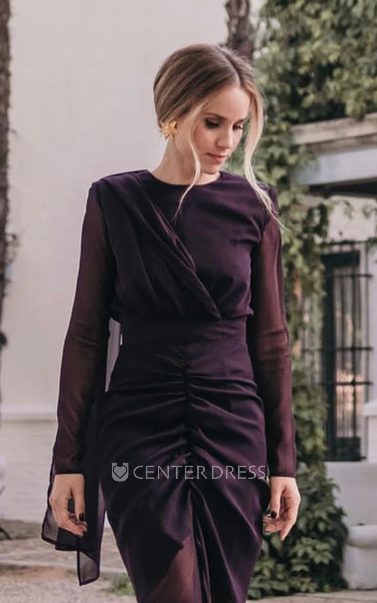 Modest Chiffon Jewel Neck Cocktail Dress With Ruching And Open Back