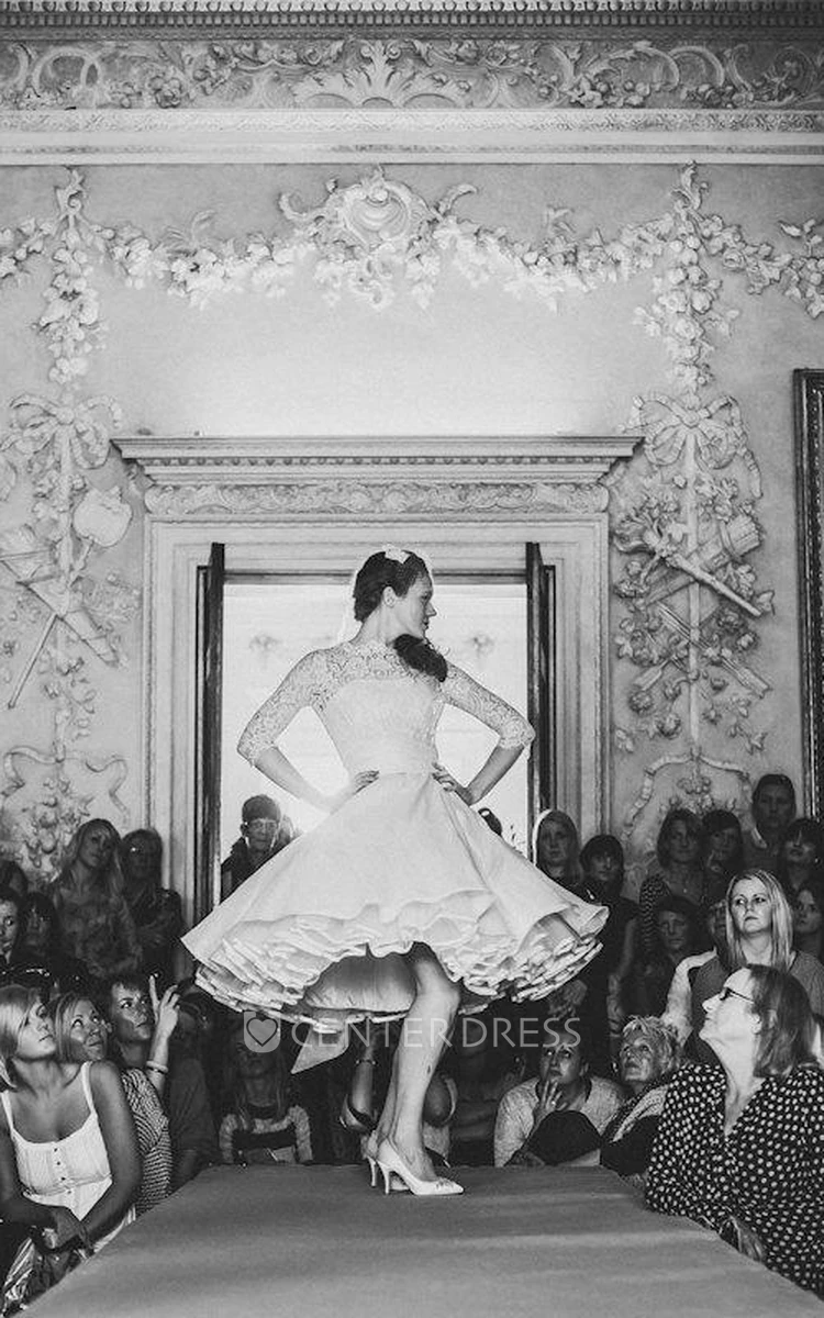 1950S High Neck Long Sleeve Pleated A-Line Tea Length Taffeta Wedding Dress