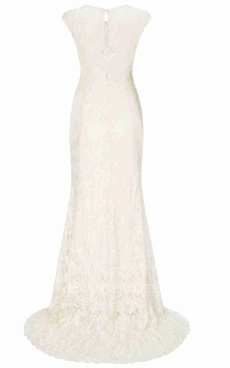 Sheath Long-Sleeveless Jewel-Neck Lace Wedding Dress With Brush Train
