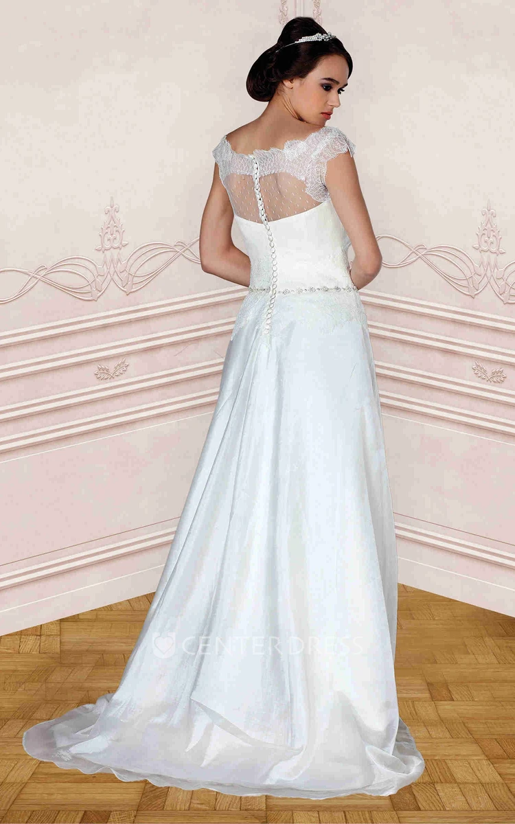 A-Line Bateau-Neck Cap-Sleeve Jeweled Tulle&Taffeta Wedding Dress With Lace And Illusion
