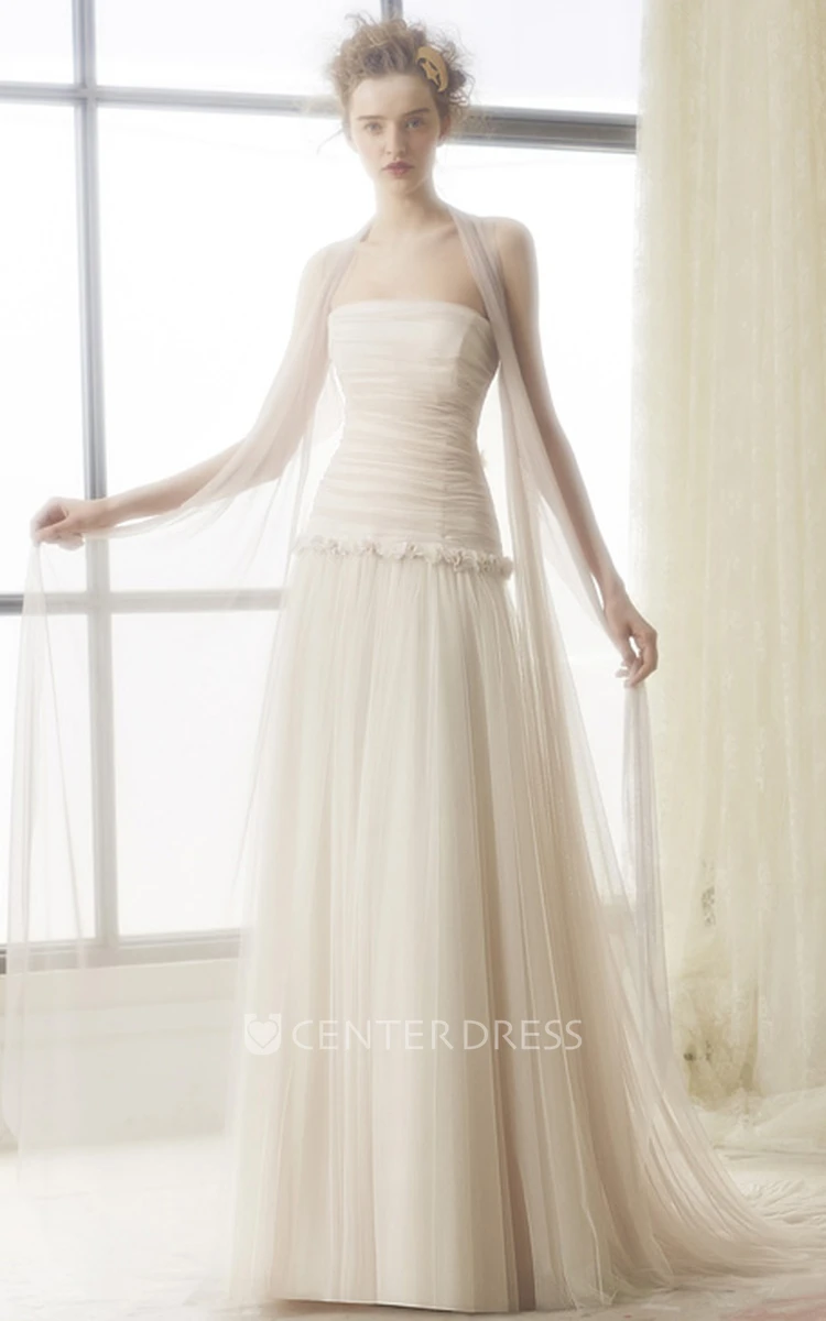 A-Line Ruched Long Strapless Tulle Wedding Dress With Illusion Back And Flower