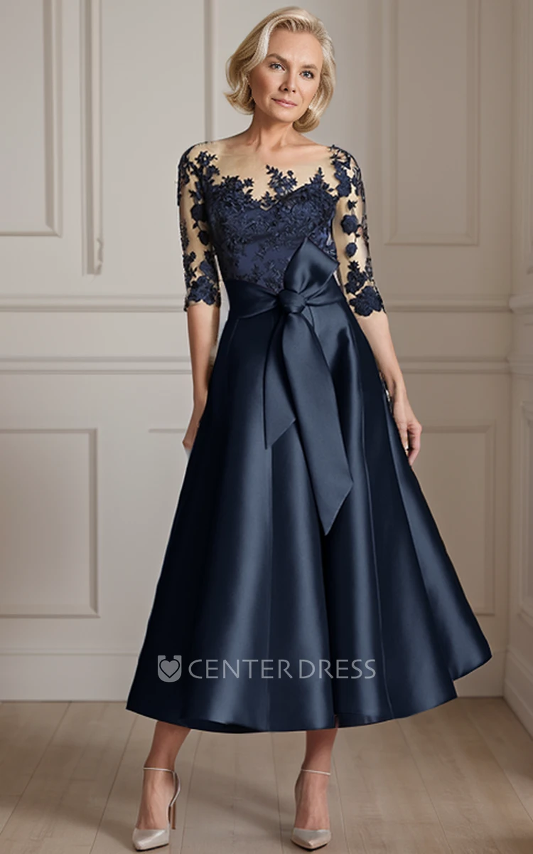 Beautiful Modest Boho Lace A-Line Half Sleeves Mother of the Bride / Groom Dress with Bow and Button Back