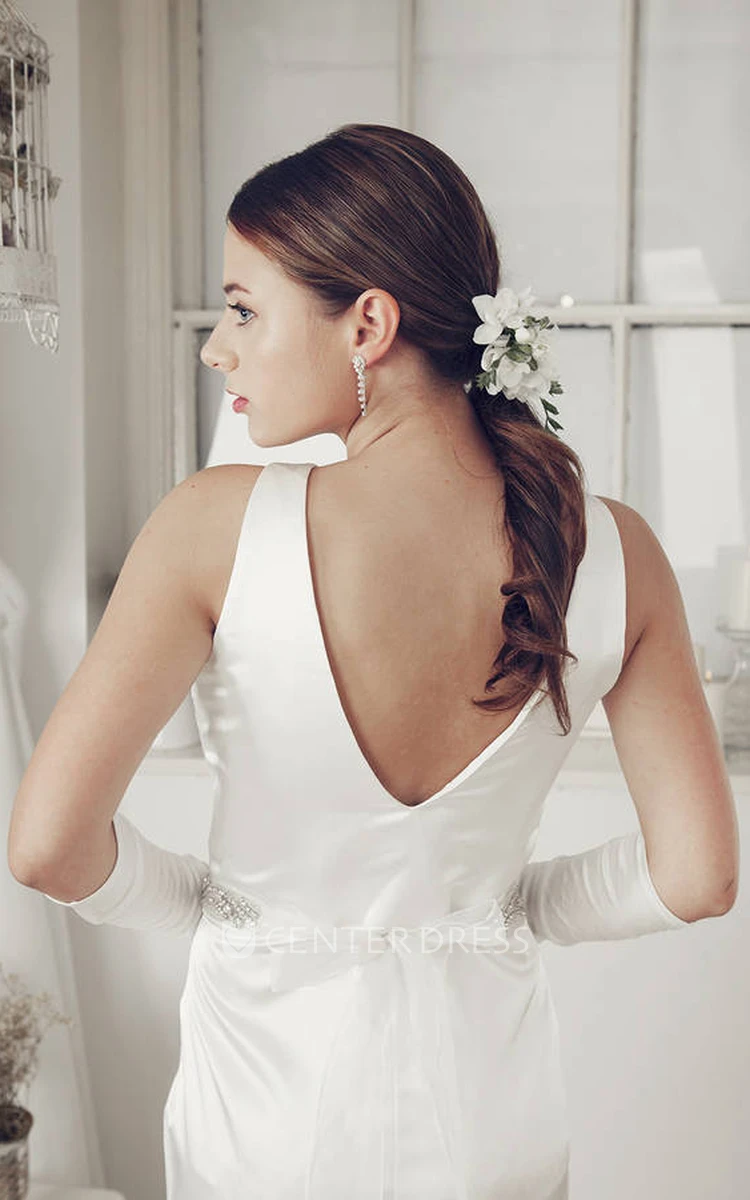 Sheath Maxi Sleeveless V-Neck Jeweled Satin Wedding Dress With Low-V Back And Bow