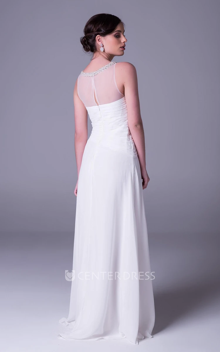 Sheath Sleeveless Scoop-Neck Criss-Cross Floor-Length Chiffon Wedding Dress With Beading
