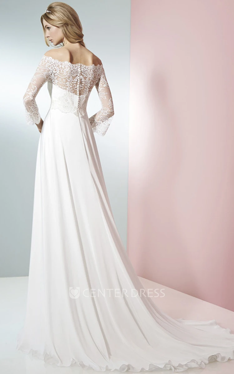 A-Line 3-4 Sleeve Off-The-Shoulder Lace Empire Chiffon Wedding Dress