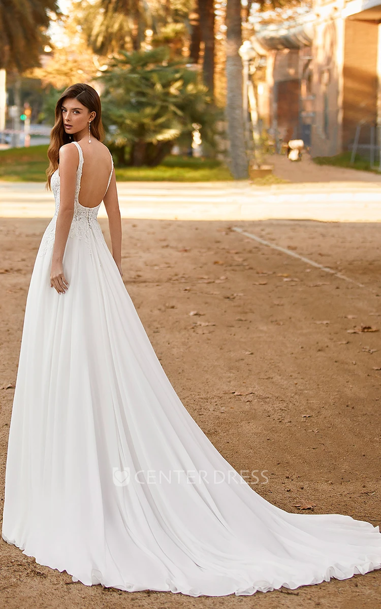 Classy Chiffon Beach Wedding Dress with Romantic A-Line Design Split Front and Open Back Beach Wedding Dress