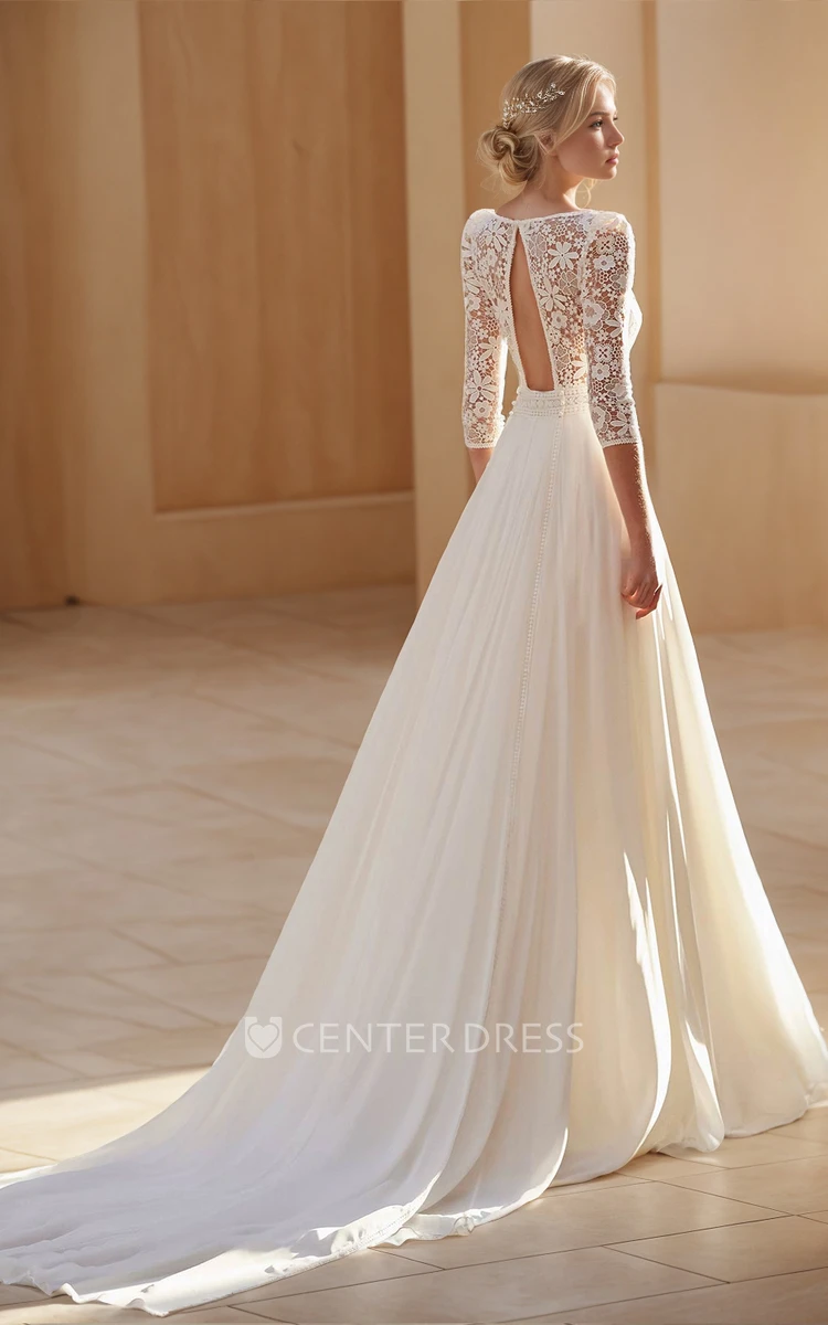 Vintage Ethereal Chiffon Lace Square Neck A-Line Wedding Dress Elegant Romantic Long Sleeve Floor-length Backless Bridal Gown with Sash