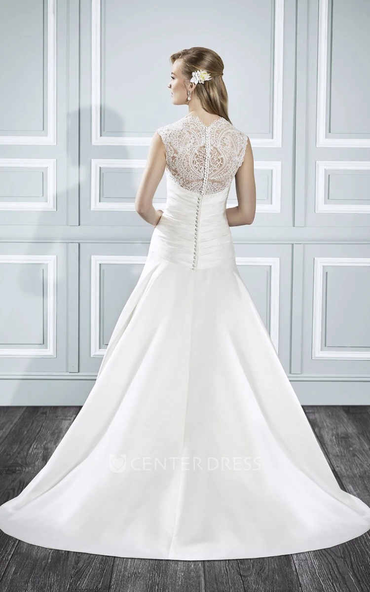 A-Line Sleeveless Queen-Anne Criss-Cross Floor-Length Satin Wedding Dress With Pleats And Illusion Back