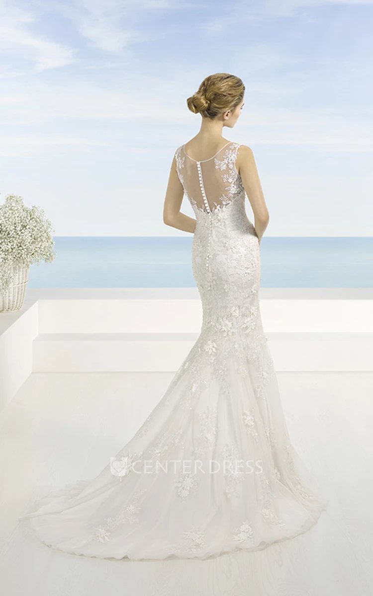Sheath Sleeveless V-Neck Maxi Appliqued Lace Wedding Dress With Court Train And Illusion Back