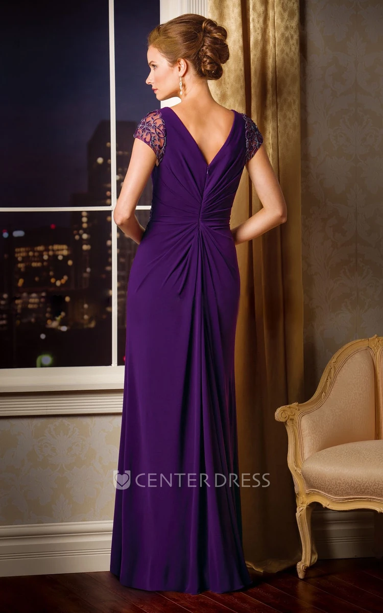 Cap-Sleeved V-Neck Mother Of The Bride Dress With V-Back And Crystals