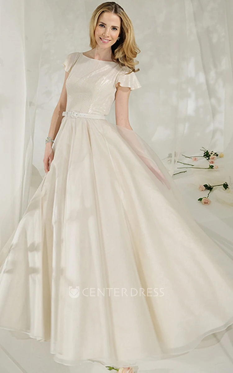 A-Line Poet-Sleeve Jewel-Neck Tulle&Satin Wedding Dress