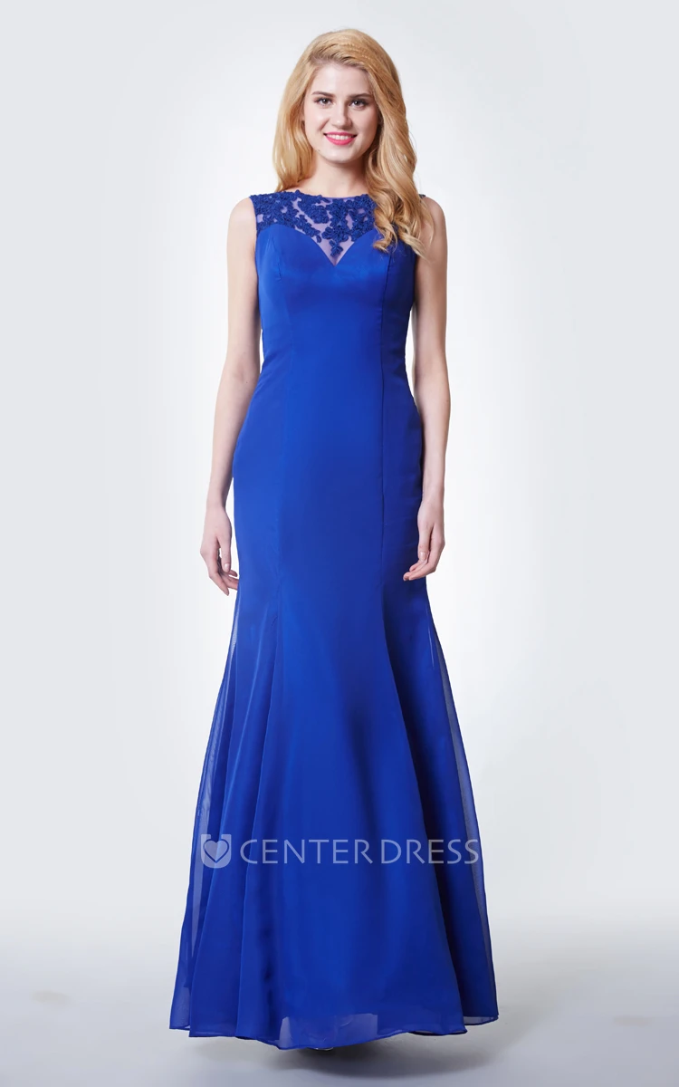 Illusion Lace Neck Form-fitted Chiffon Gown With Cap Sleeves