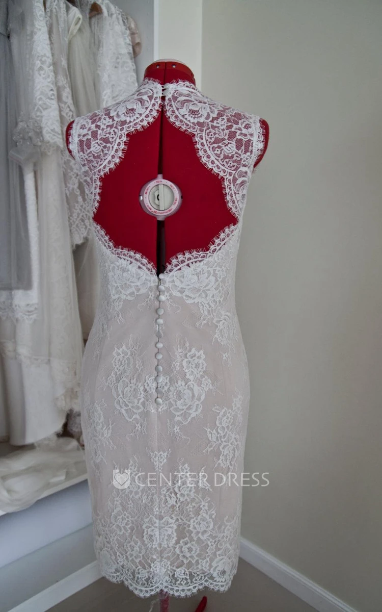 Custom Knee Length Wedding Dress With Queen Anne Neck and Scalloped Keyhole Back