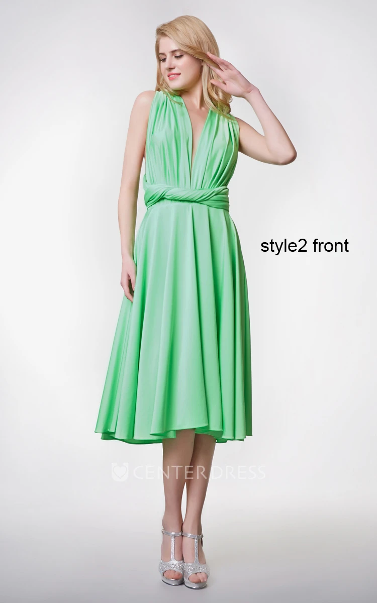 Convertible Ruched One Shoulder Knee-length Jersey Dress With Pleats