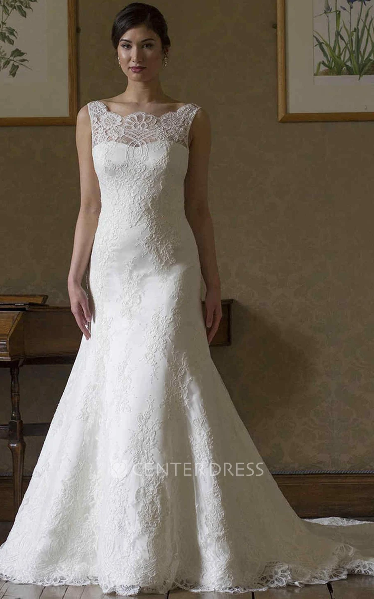 Mermaid Sleeveless Appliqued Floor-Length Bateau-Neck Lace Wedding Dress