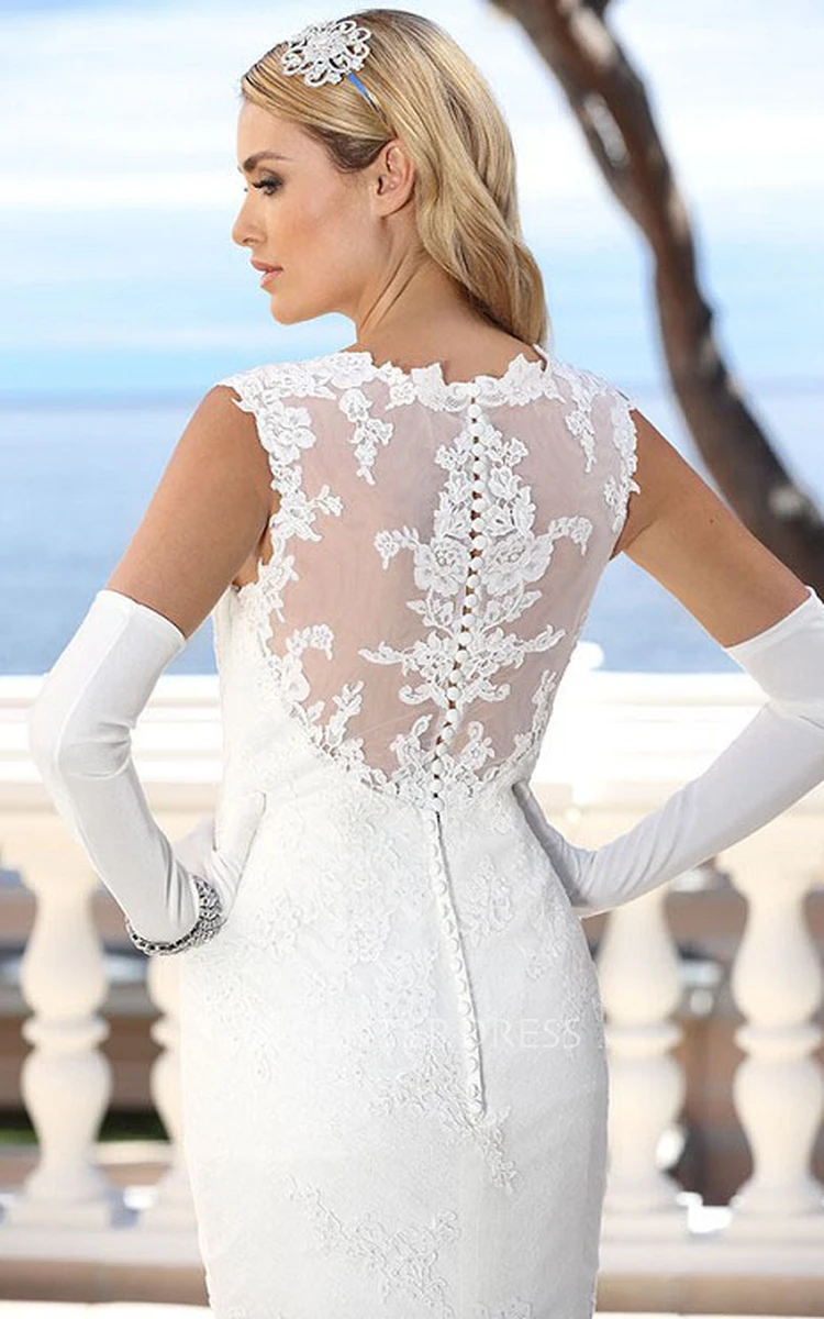 Queen Anne Long Appliqued Lace Wedding Dress With Illusion