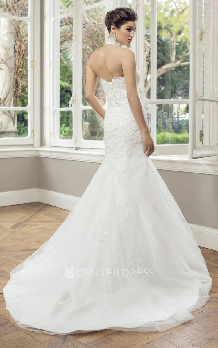 Mermaid Floor-Length Appliqued High Neck Sleeveless Lace&Tulle Wedding Dress With Waist Jewellery And Lace-Up Back