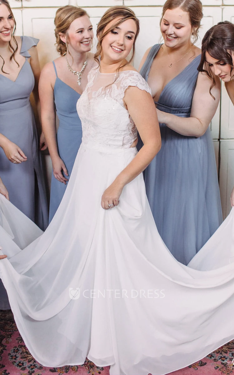 Romantic A-Line Bateau Neckline Chiffon Lace Wedding Dress With Short Sleeve And Appliques