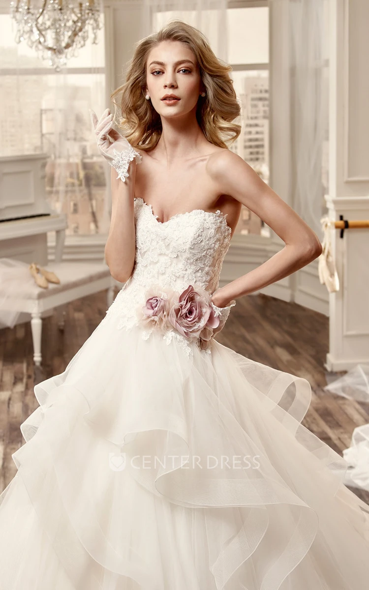 Sweetheart Wedding Dress with Cascading Ruffles and Side Floral Waist