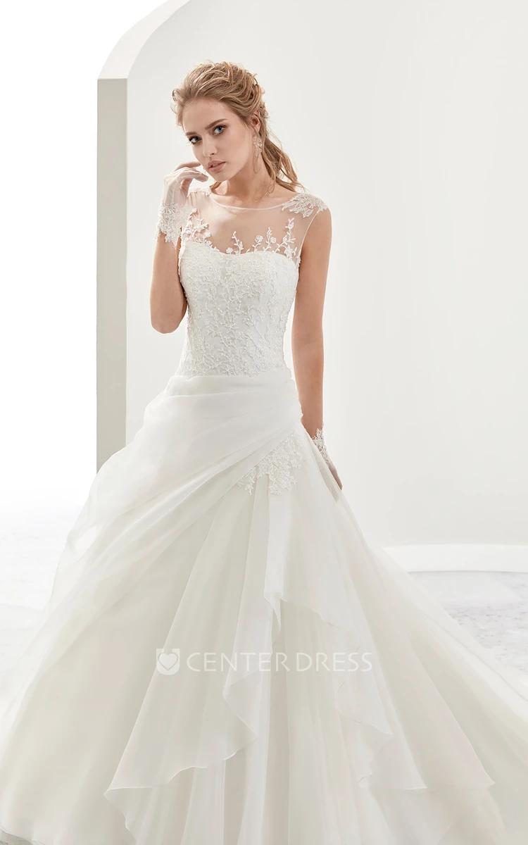 Cap Sleeve A-Line Bridal Gown With Illusive Design And Side Ruffles