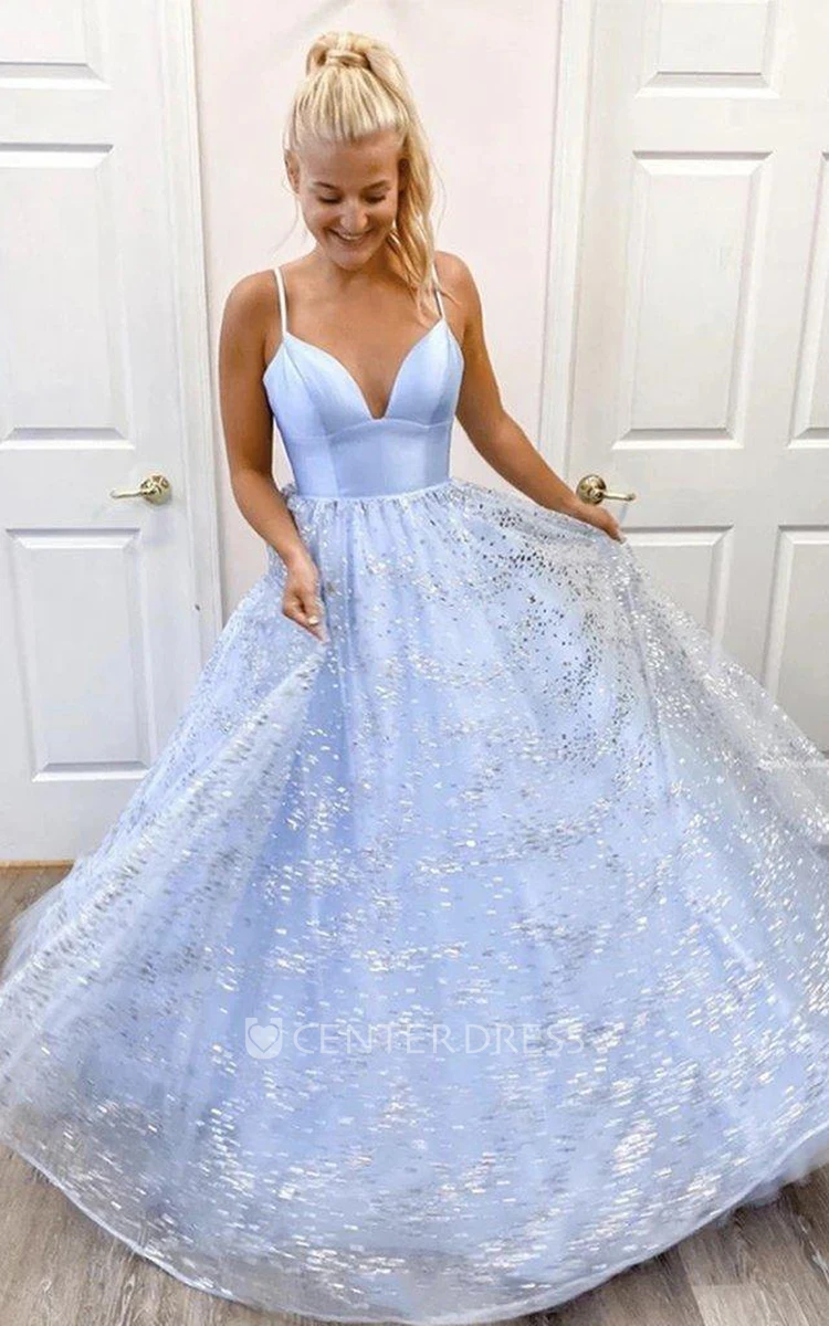 A Line Sleeveless Tulle Modern Formal Dress with Sequins and Ruffles