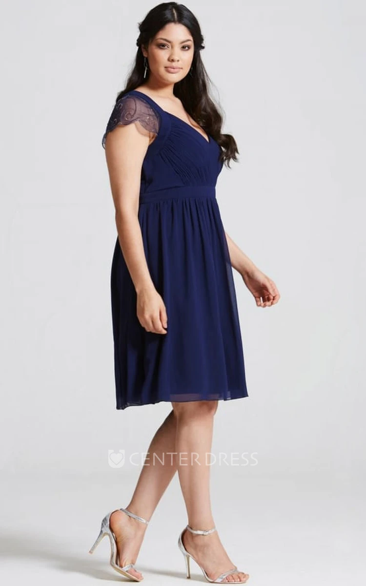 Mini Cap Sleeve V-Neck Ruched Chiffon Bridesmaid Dress With Sequins And Keyhole