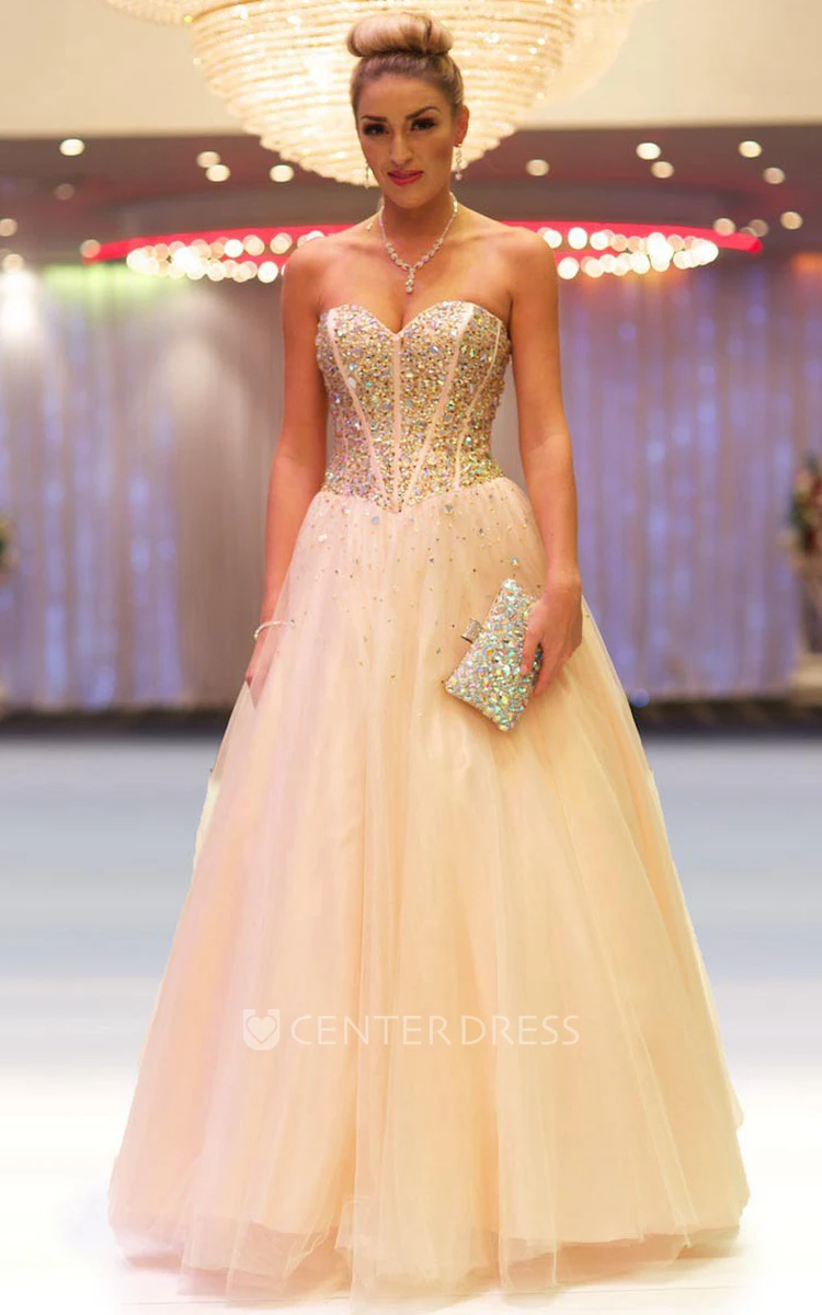 A-Line Beaded Long Sleeveless Sweetheart Tulle Prom Dress With Pleats