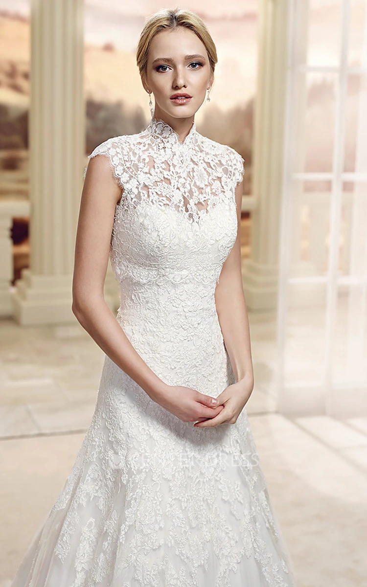 A-Line Sleeveless Appliqued High-Neck Floor-Length Lace Wedding Dress